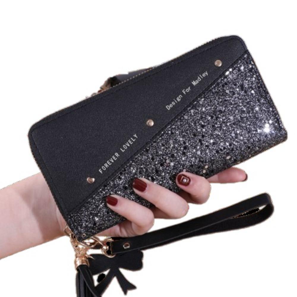 

Блестящий женский кошелек-клатч с кисточкой, квадратный кардхолдер на молнии, женский длинный кошелек чёрный