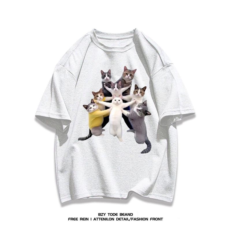 Korean Style Cat Print Cotton T-shirt - Trendy Loose Fit, Unisex Summer Casual