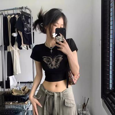 Sommer Crop Exposed Kurzarm T-Shirt Französisches Pure Desire Top für Damen