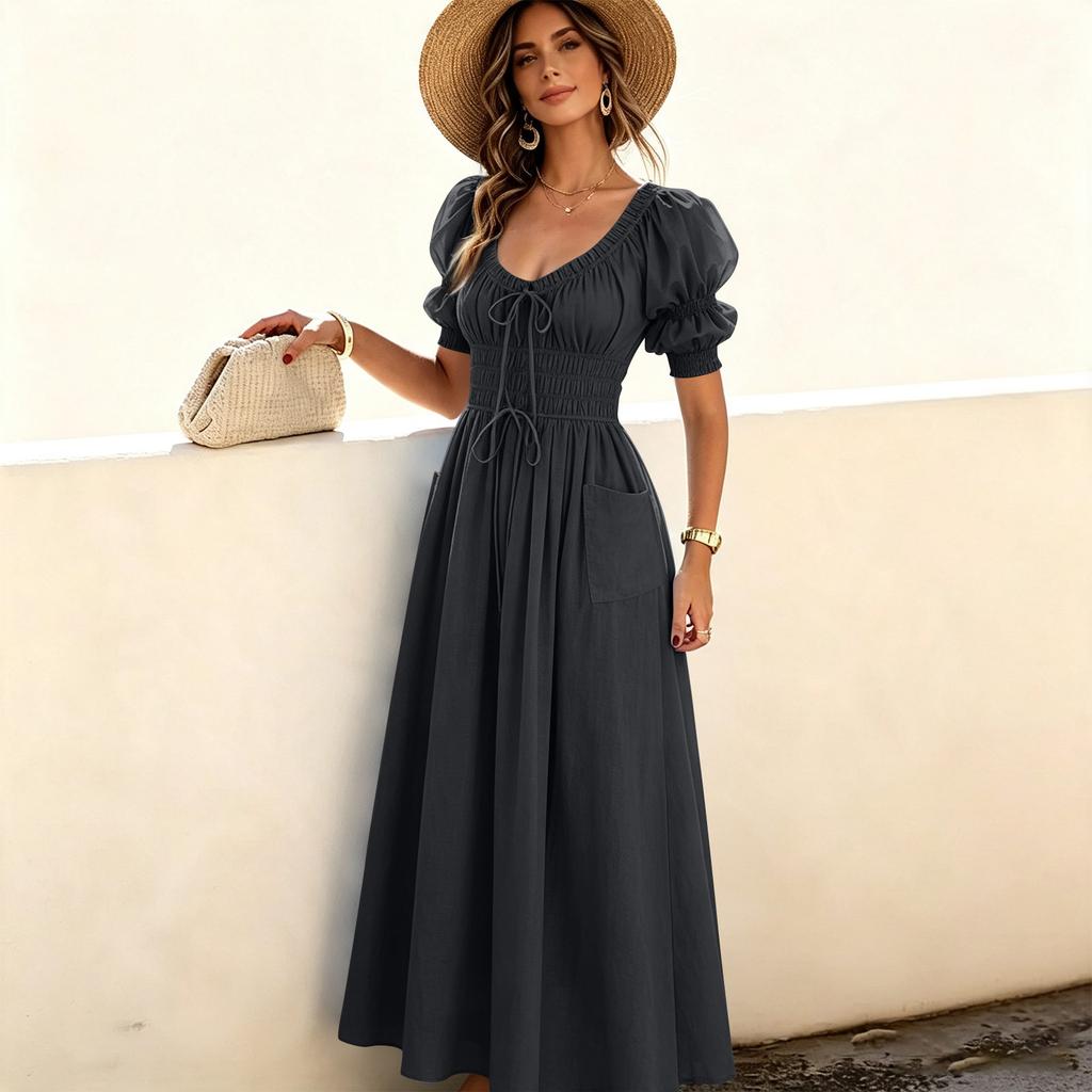 Women's Round Neck Long Dress with Puffy Sleeves and Self-Tie Waist