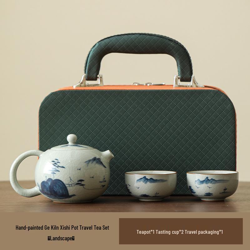 Hand-Painted Ge Kiln Ceramic Kung Fu Tea Set: Teapot & Two Cups Portable Set