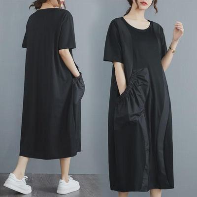 2023 Übergröße Koreanischer Stil Schwarzes Patchwork-Taschenkleid für Damen