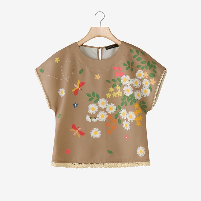 

ZANZEA Женская повседневная летняя блузка с круглым вырезом и коротким рукавом с цветочным принтом 5XL хаки