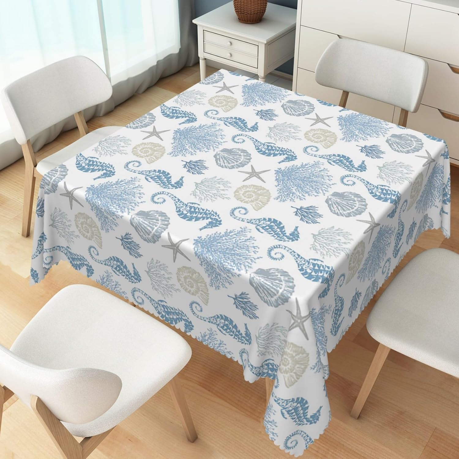 Jingyue Pet Unisex Coral Nautical Coastal Rectangle Tablecloth For Table Decor Summer Seashells Seahorse Beach Ocean Print Table Cloth Party Decor