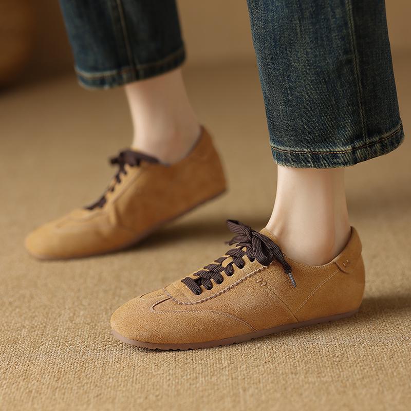 Fashion 2025 New Suede Leather Loafers Woman Round Toe Lace Up Casual Flats Shoes Outdoors Walk Fashion Shoes Flats Shoes for Women
