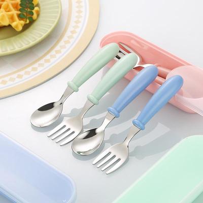 Ensemble de couverts pour enfants en acier inoxydable dessin animé - Cuillère et fourchette mignonnes avec manches ronds pour la maternelle, coffret cadeau portable