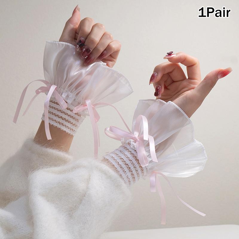1Pair Nail Art Lace Tulle Photo Glove Fake Pleated Cuff Ribbon Bow Manicure Photography Props Nail Tips Display Lolita Sleeves