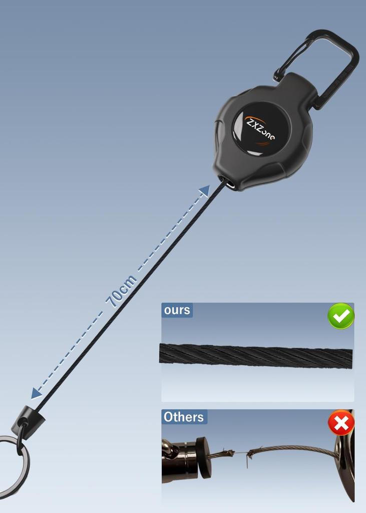 [ZXZone] Reel Keychain with Carabiner, Maximum Stretchable 70cm, Suspension Function,