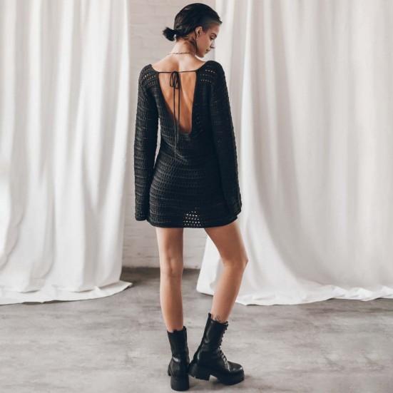 Gehäkelter Badeanzug-Überzug, Strand-Badeanzug, Bademode, Bikini-Überzug mit Cutout-Design, lange Ärmel, offener Rücken