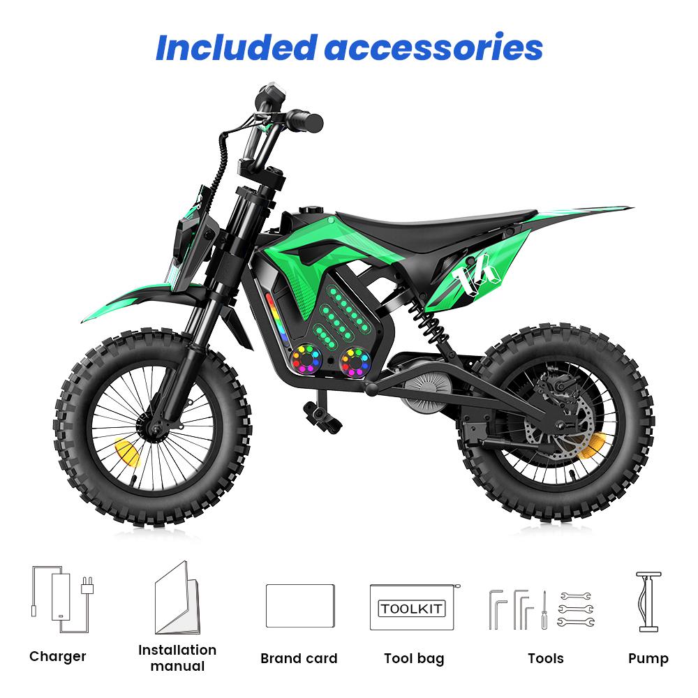 A14 Kids ELECTRIC DIRT BIKE 14 Inch 500W Motor 36V5.2Ah Battery 20-22km Range Shock Absorption, Bluetooth LED Lights
