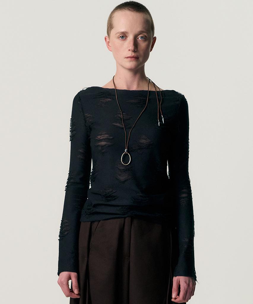 Kimjisu Distressed Cowl Neck T-Shirt_Black