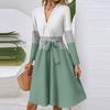Women's Fashion Casual V-Neck Long Sleeve Waist Plaid Print Midi Dress