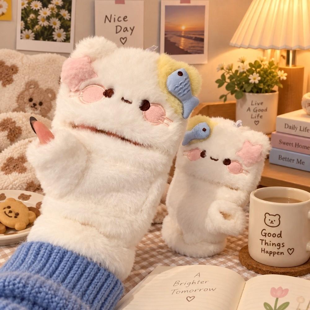 Half Finger Cartoon Cat Gloves One Size Flip Top Gloves Cute Plush Kitty Gloves For Women