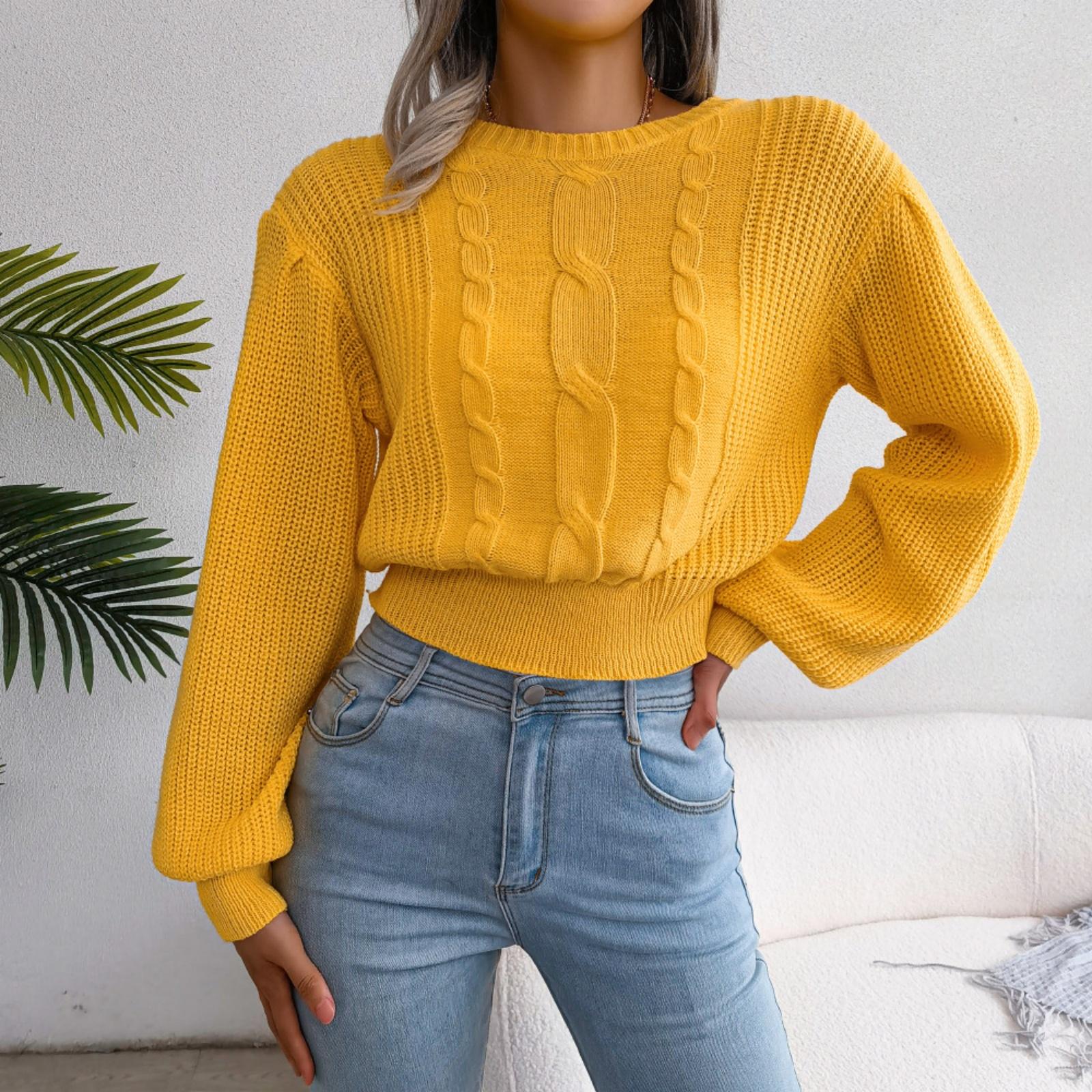 

Women s Fashion Casual Knitted Sweater Top With Twisted Cable Pattern, Lanterned Sleeves, And Waist-Cinching Design For Fall And Winter S жёлтый