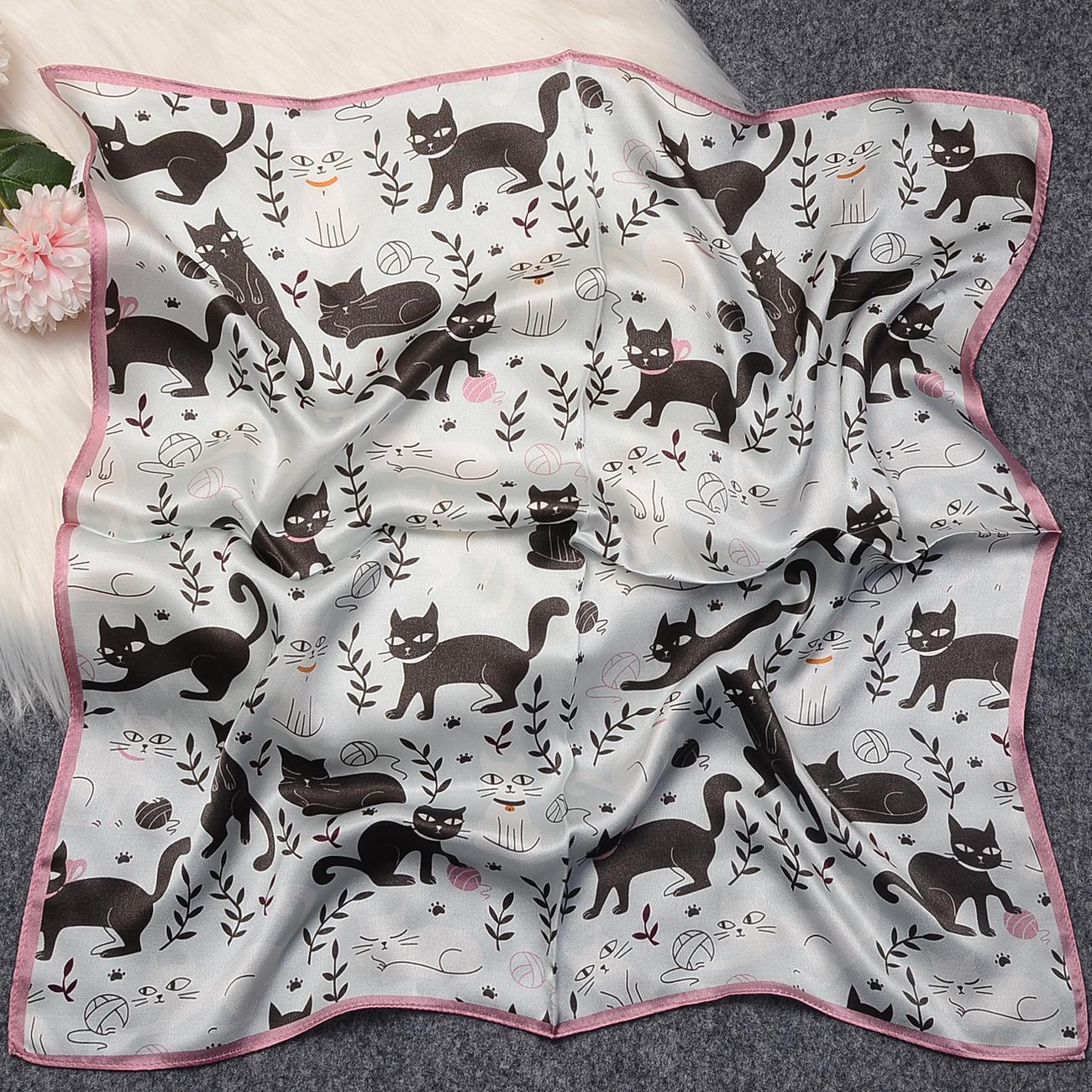 Hangzhou silk spring and summer decorative versatile scarf black cat 100% silk scarf mulberry silk square scarf silk scarf 53*53cm