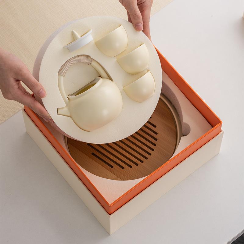 Light Luxury Xiaoya Yunji Set Cream Yellow Beam Pot Brewing Teapot Teacup Dry Brewing Plate Complete Set Household Warm Brewing Tea Stove