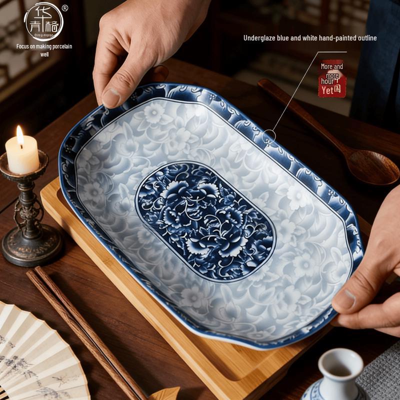 Tang Style Blue & White Porcelain 12-inch Rectangular Fish Plate