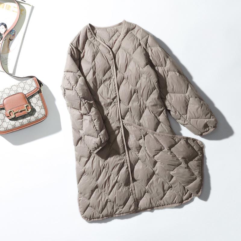 Women Ultralight White Duck Down Long Jacket Argyle V-neck Collar Casual Autumn Winter Outwear Coat