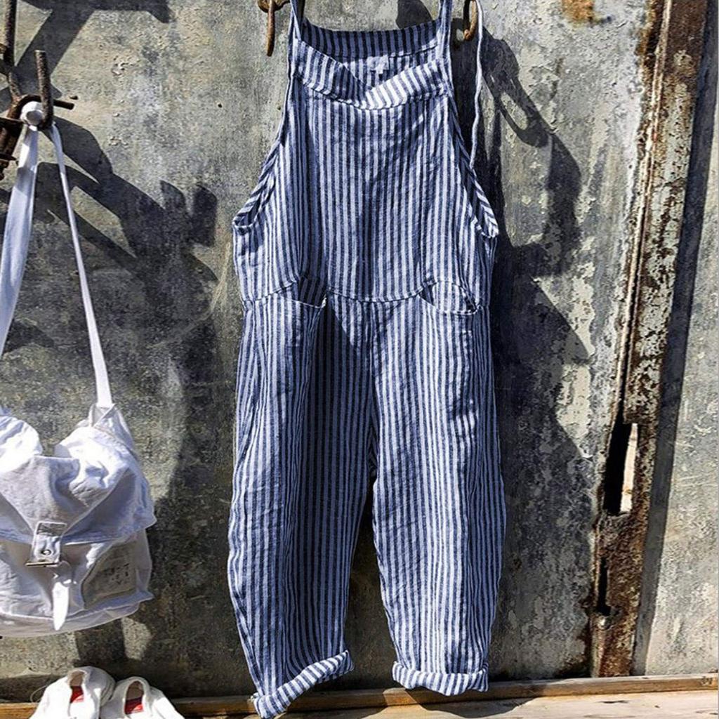 Women's Casual Fashion Pocket Tie Sleeveless Striped Jumpsuit
