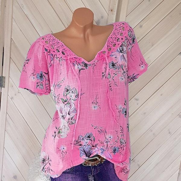 Sommer Casual Damen bedrucktes T-Shirt mit V-Ausschnitt und Spitze, kurzärmelig XXL rosa