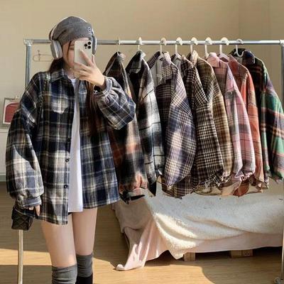 Cămașă Retro Plaid cu Mâneci Lanternă Amestec Lână pentru Toamnă/Iarnă