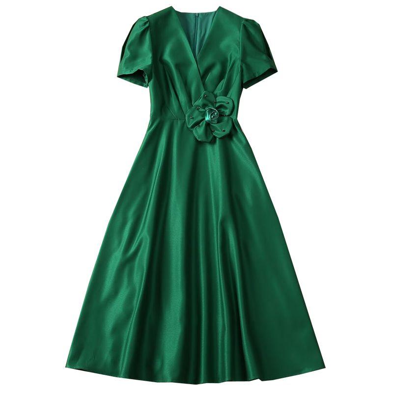 

European Station 2025 Summer New Arrival High-End Ladies Elegant Dress Silm Mid Length Long Length Slim Looking French Dress Women Green M