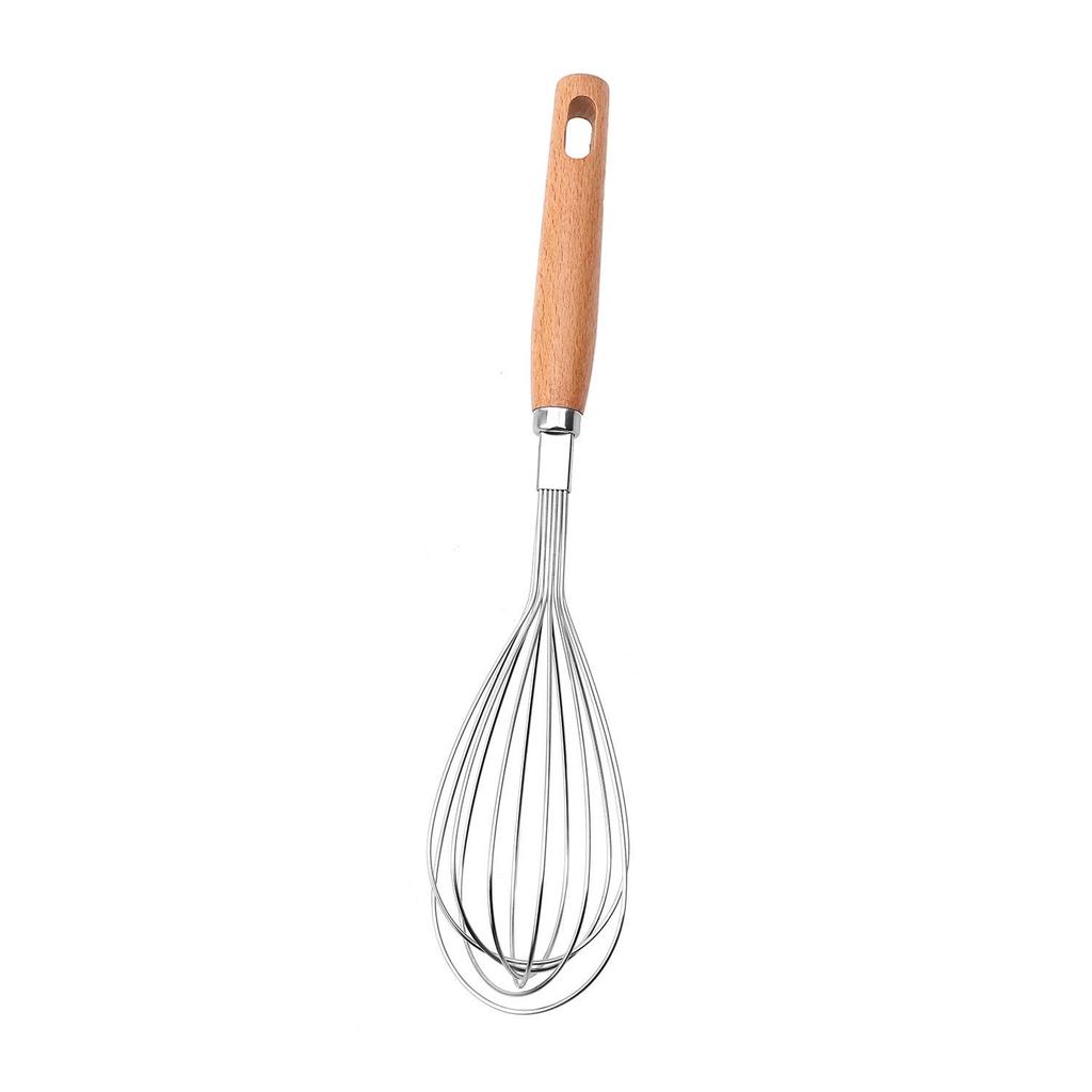 Beech Wood & Stainless Steel Baking Set: Egg Whisk, Pizza Cutter, Cake Spatula, Egg Beater, Mixer, Rice Washer.