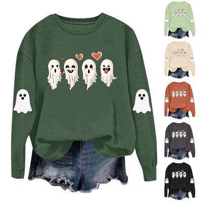Top Casual de Manga Larga para Mujer con Estampado de Halloween y Cuello Redondo