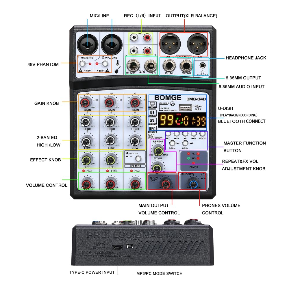 BOMGE 99DSP Echo DJ Audio Sound Mixer Interface Mixing Console Karaoke MP3 USB Bluetooth Stereo Record 48V Phantom Power 5V Power Supply 4-Channel