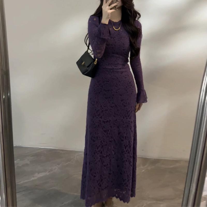 

Design Sense 2025: Autumn/Winter Velvet Lace Bell Sleeve Slim Fit Long Dress for Women XL фиолетовый