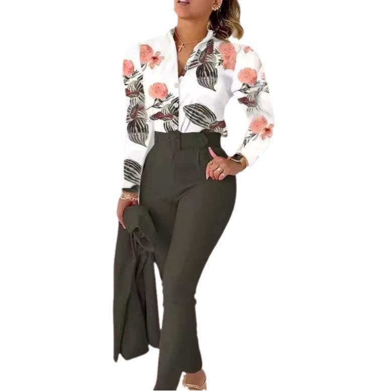 Printed Long-Sleeve Top & Solid Color Pants Suit with Belt