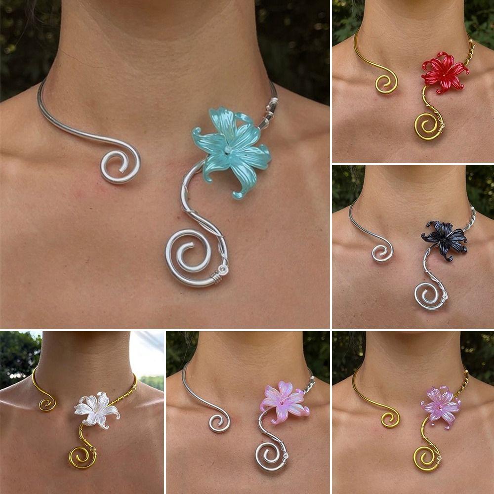Flower Pattern Collar Necklace Colorful Women Necklace Vintage Iris Flower Necklace
