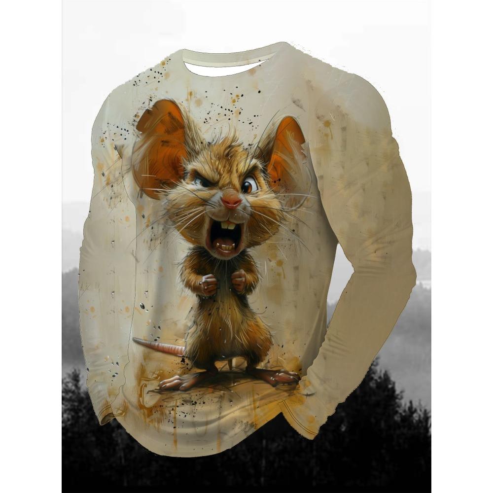 Funny Animal Design Retro Men 3D Printing Street Casual Daily Gray Long Sleeved Round Neck Shirt Spring And Autumn Clothing