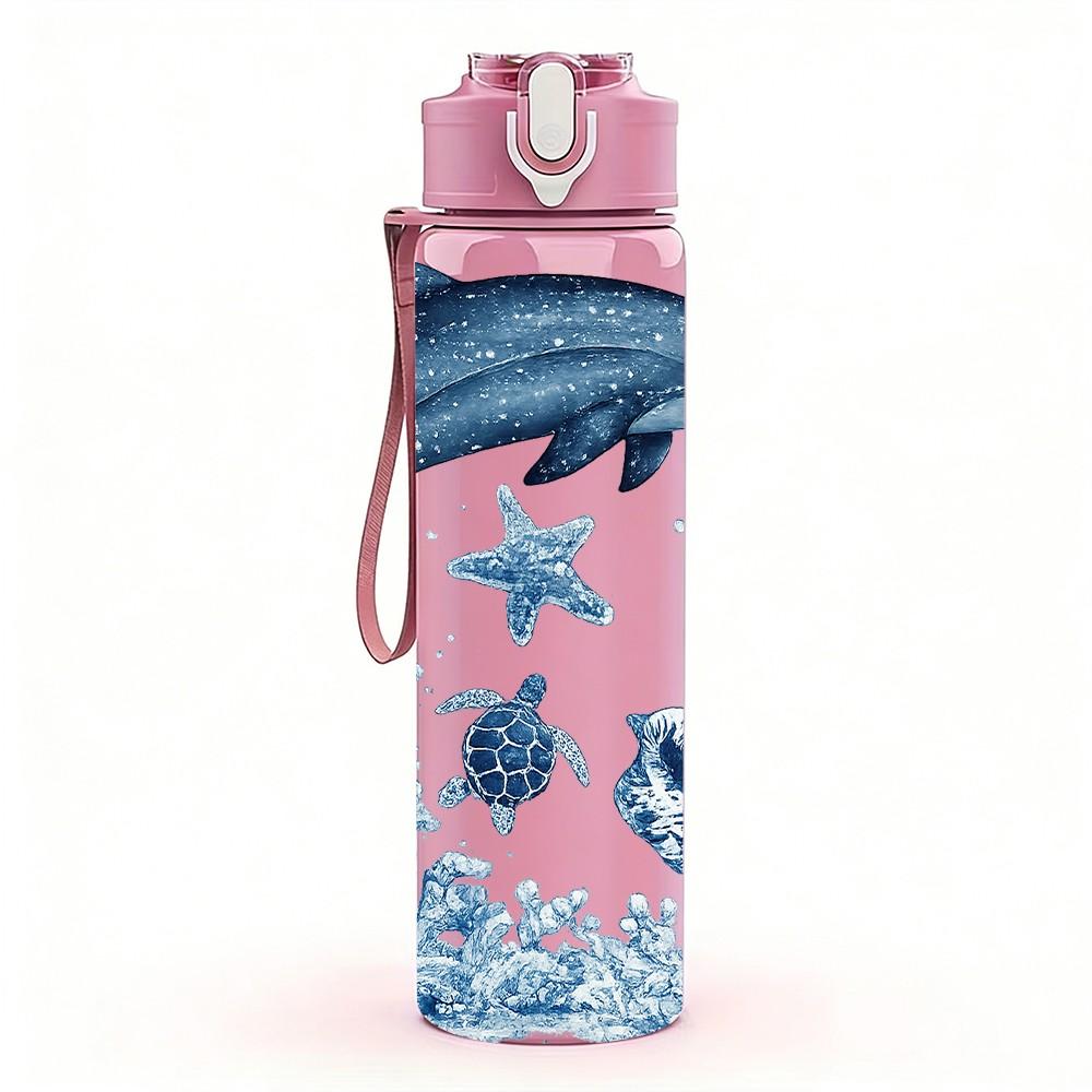 1PC Dolphin Seastar Ocean Wave Print 750ml Color Plastic Sports Water Bottle Leakproof Flip Straw Lid Suitable for Sports Office Home Use