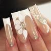 Handmade 3D White French Tip Long Nails with Flowers - European & American Style