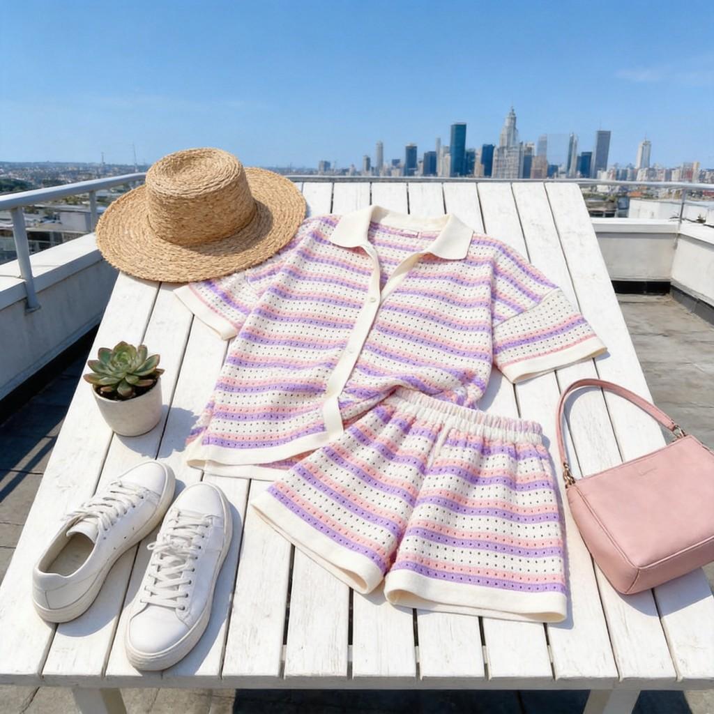 Completo in Maglia a Righe da Donna Streetwear con Motivo a Intreccio per Uso Casual Estivo