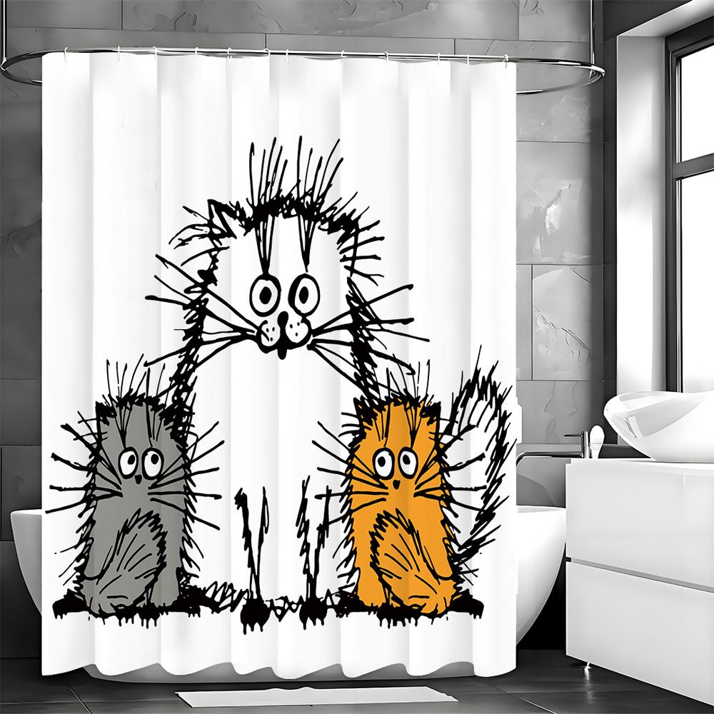 Messy Scribble Kitten Shower Curtain, Bathroom Decorative Shower Curtain, Waterproof Shower Curtain with Hooks