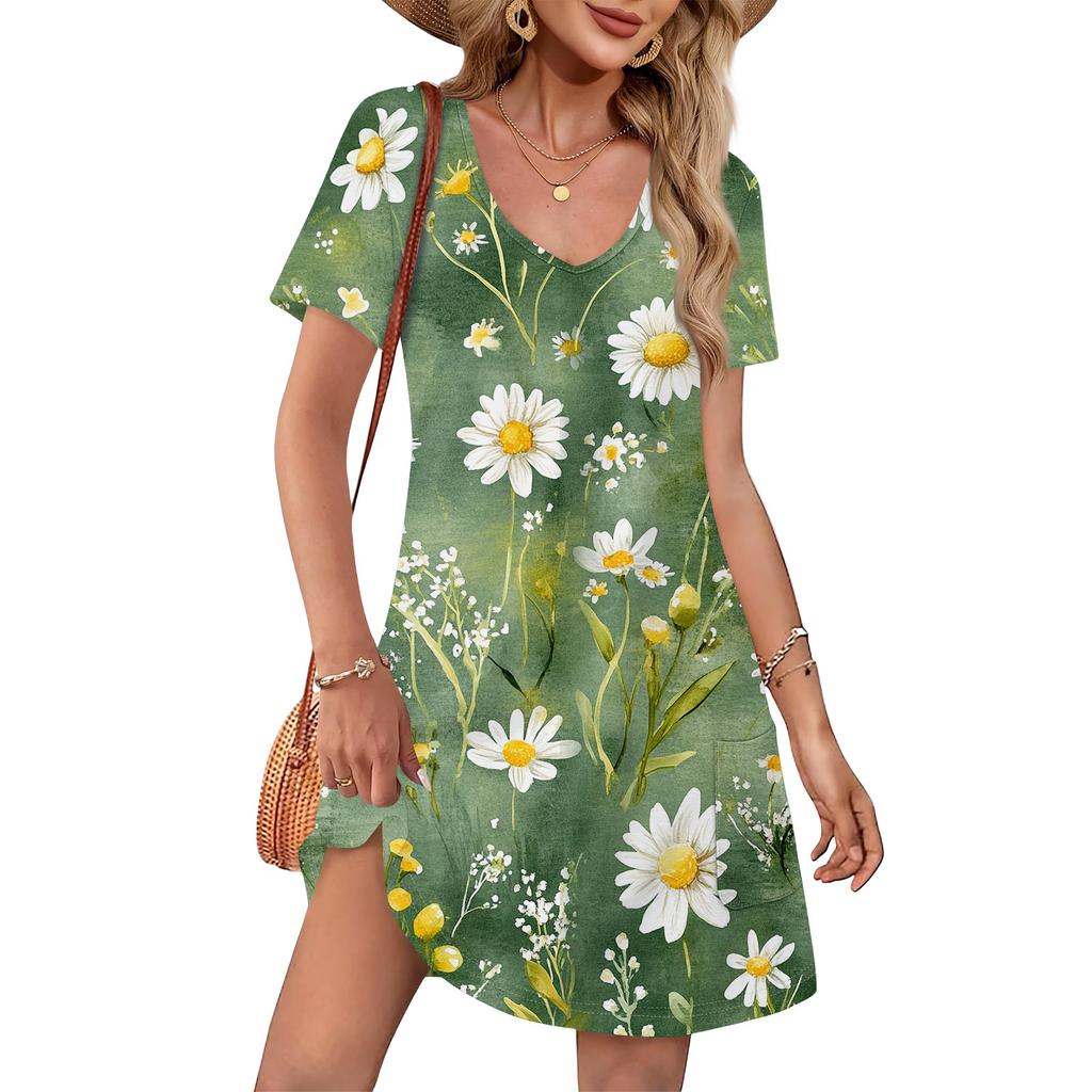 Summer Dresses For Women Loose V Neck Short Sleeve Casual T Shirt Dress Sundresses Swimsuit Coverup With Pockets