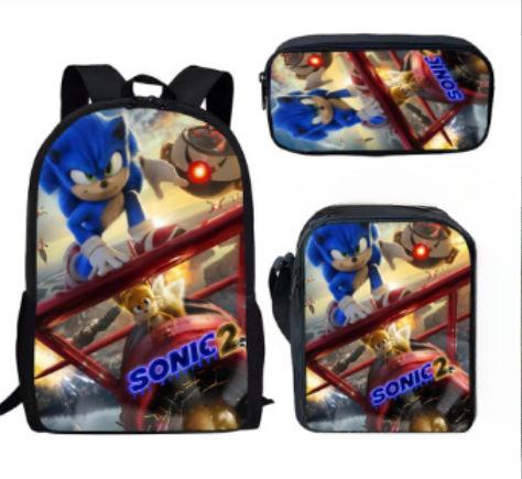Cartoon Sonic Backpack, Primary And Secondary School Schoolbag, Messenger Bag, Pencil Case Three-Piece Set