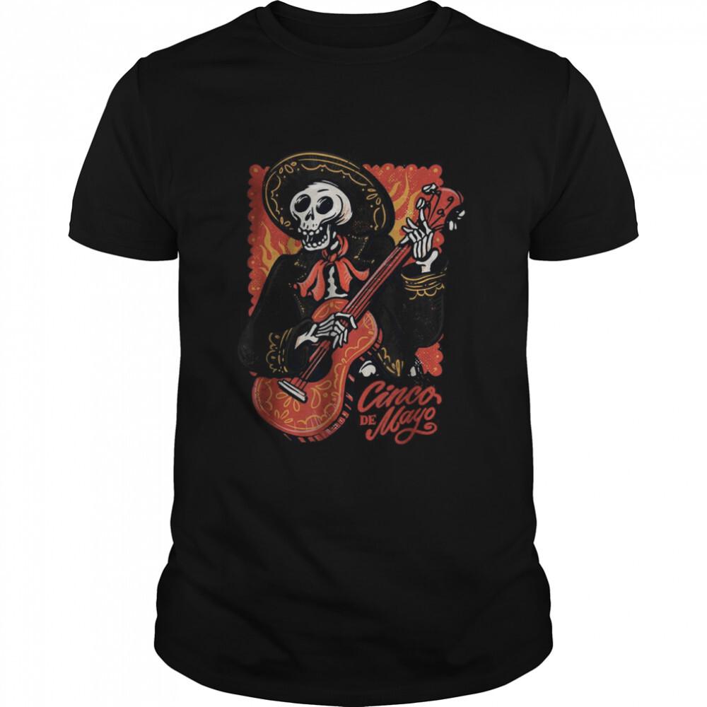 Cinco de Mayo Mexican Mariachi Skeleton with Guitar Graphic T-Shirt S