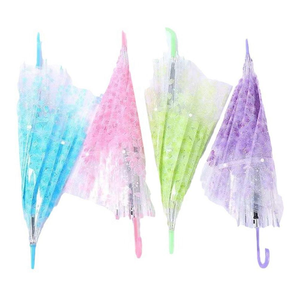 PVC Material Transparent Umbrella Straight Stem Long Handle Rainproof Umbrella Cute Flower Pattern Colored Design