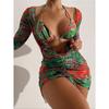 With Long Sleeve Dress Printed Halter Bikini Female Swimsuit Women Swimwear Three-pieces Bikini Set Bather Bathing Suit