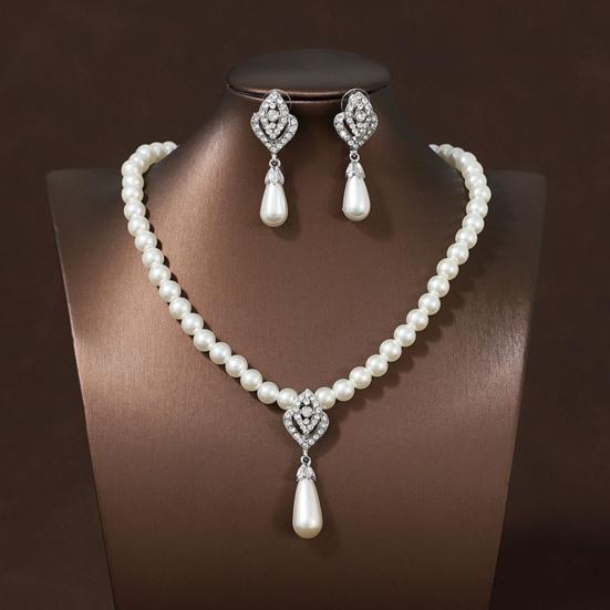 1 Set Faux Pearl Rhinestone Teardrop Pendant Necklace Jewelry Women And Earrings Elegant Beaded Necklace Jewelry