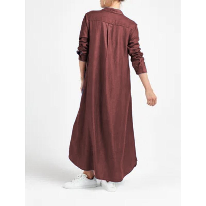 Plus Size Solid Color Denim Maxi Dress: V-Neck Long Sleeve A-Line Cut Dress for Women, Casual Comfortable Everyday Casual Chic Outfit