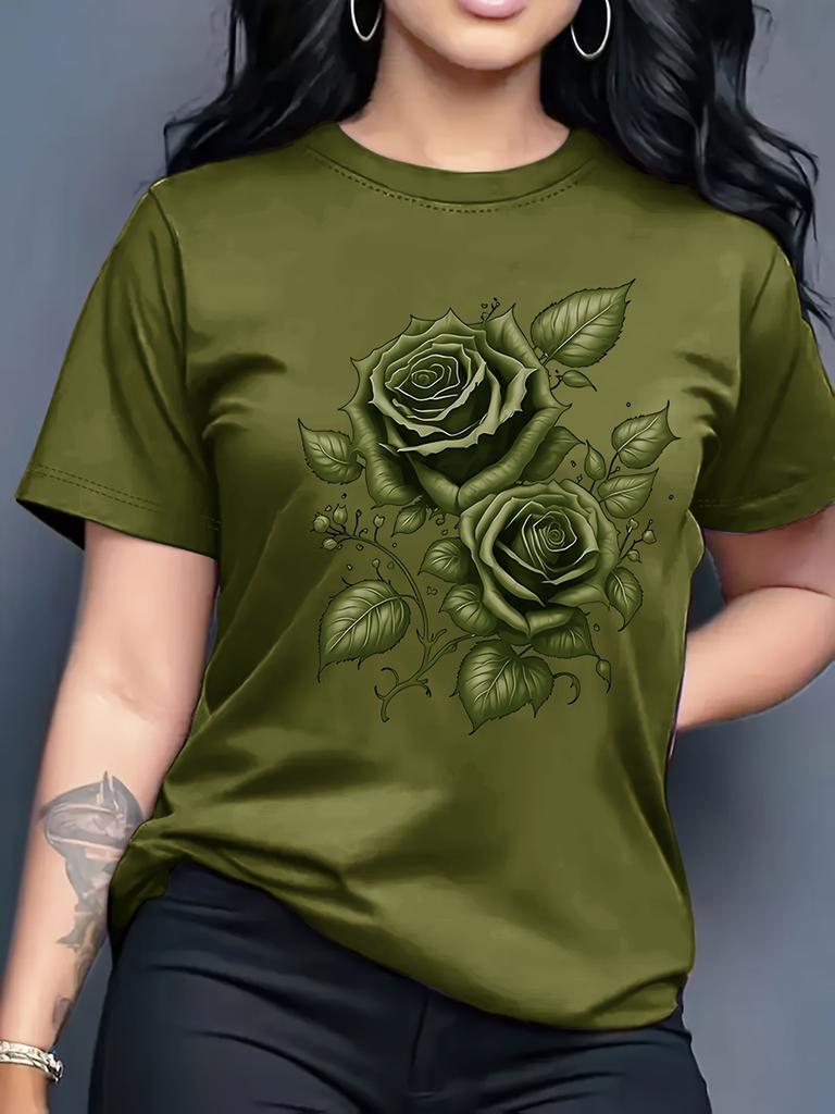 Women's Purple Rose Print Crew Neck Short Sleeve T-Shirt Casual Party Machine Washable Plus Size Top