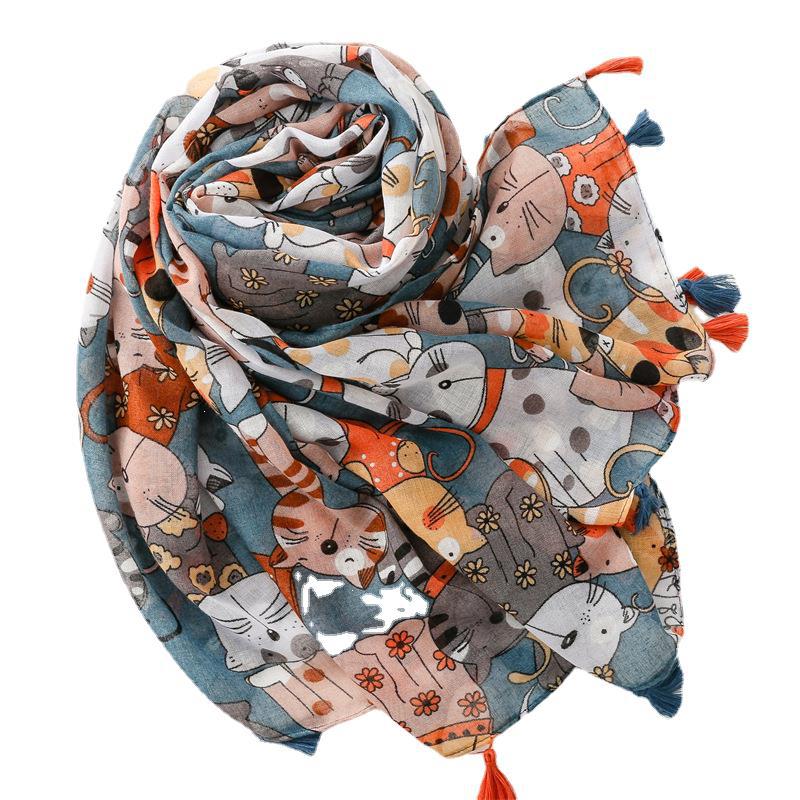 Four Seasons Cute Cat Picture Cotton and Hemp Scarf Sunscreen Shawl Tassel Silk Scarf Neck Protection Scarf