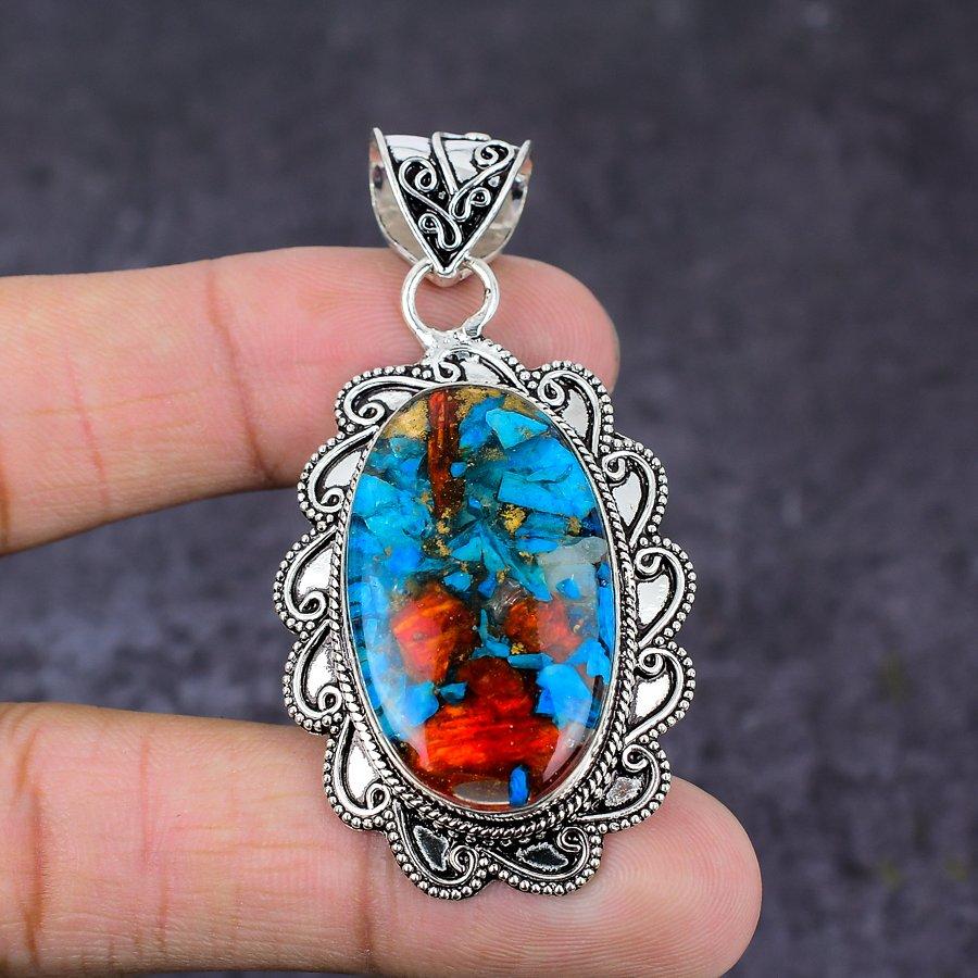 Spiny Oyster Gemstone Handmade 925 Sterling Silver Jewelry Pendant 2.44" z5E98