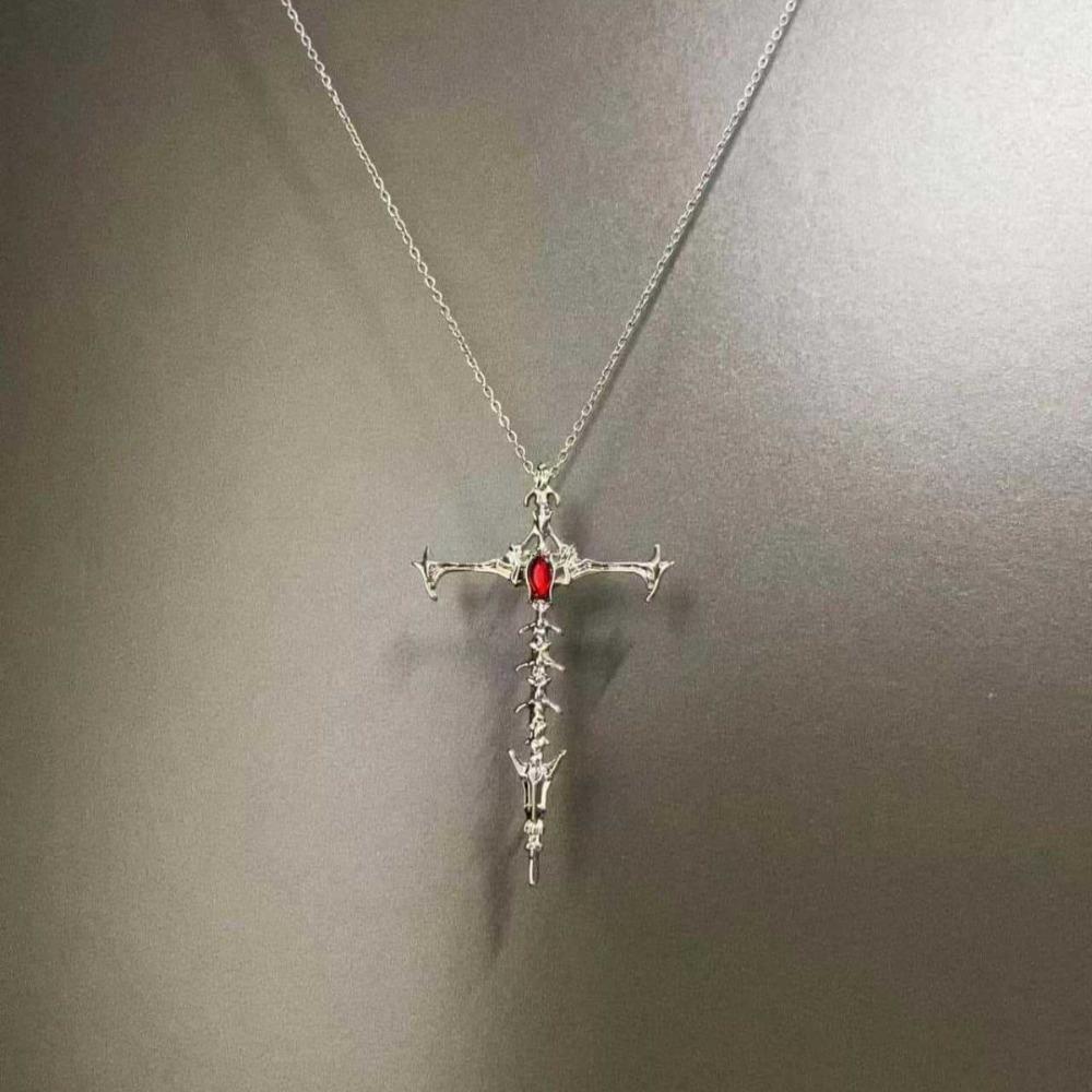 Punk Retro Inlay Red Rhinestone Sliver Color Stainless Steel Thorn Cross Sword Pendant Necklace for Women Fashion Jewelry Gift