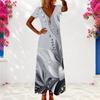 Women Plus Size V Neck Short Sleeve Printed Long Dress White Gray Abstract Rhinestone Pattern