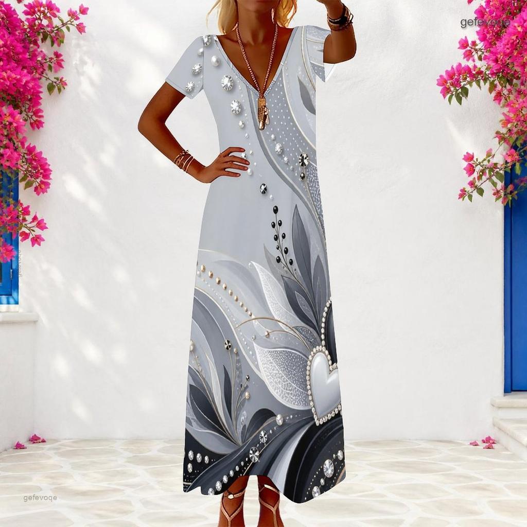 Women Plus Size V Neck Short Sleeve Printed Long Dress White Gray Abstract Rhinestone Pattern